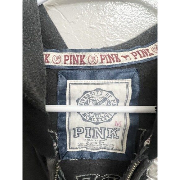 Victoria’s Secret Black Hoodie Medium Velour Jacket Vintage Y2K University Pink - Picture 3 of 5